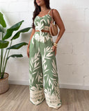 2 Pieces Outfit Plants Print V Neck Lace Up Shirred Top and Casual Strechy Waist Pants Set with Pockets