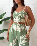 2 Pieces Outfit Plants Print V Neck Lace Up Shirred Top and Casual Strechy Waist Pants Set with Pockets