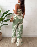 2 Pieces Outfit Plants Print V Neck Lace Up Shirred Top and Casual Strechy Waist Pants Set with Pockets