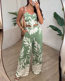 2 Pieces Outfit Plants Print V Neck Lace Up Shirred Top and Casual Strechy Waist Pants Set with Pockets