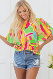 Multicolour Abstract Print Keyhole Back Pleated Half Sleeve Blouse