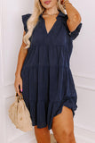 Navy Blue Collared V Neck Flutter Sleeve Tiered Plus Size Dress