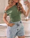 Asymmetrical One Shoulder Metal Decor Sleeveless Top Casual Slim Fit Shirt