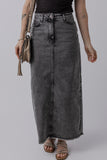 Dark Grey Denim Raw Hem Back Split High Waist Long Skirt