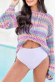 Purple Multi Stripe Open Knit Sweater Beach Cover Up