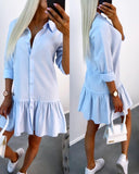 Long Sleeve Buttoned Ruffle Hem Shirt Dress