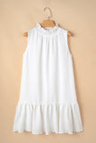 White Textured Frilled High Neck Sleeveless Ruffled Mini Dress