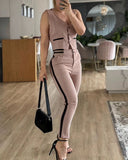 Striped Sleeveless Slim Fit Front Button Vest Set Contrast Binding High Waisted Cropped Skinny Pants Casual Set