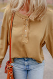 Camel Textured Knit Half Button Drop Shoulder Oversized Top
