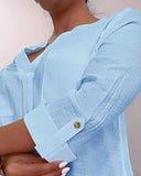 V Neck Roll Up Sleeve Back Button Blouse Casual Top with Pocket