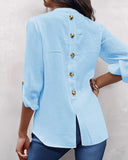 V Neck Roll Up Sleeve Back Button Blouse Casual Top with Pocket