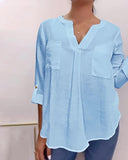 V Neck Roll Up Sleeve Back Button Blouse Casual Top with Pocket
