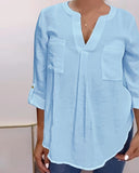 V Neck Roll Up Sleeve Back Button Blouse Casual Top with Pocket