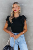 Black Dotty Mesh Ruffle Sleeve Ribbed Knit Top