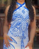 Tropical Print Halter Tied Detail Slit Dress Casual Backless Bodycon Midi Dress