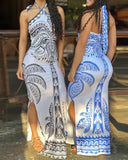 Tropical Print Halter Tied Detail Slit Dress Casual Backless Bodycon Midi Dress