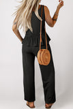Black Solid Color Ribbed Ruffle Tank Top and Pants Set