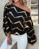 Bronzing Chevron Print Lantern Sleeve Top