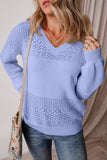 Sky Blue Eyelet Pattern Detail V Neck Drop Shoulder Sweater