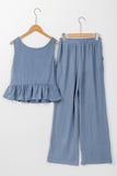 Beau Blue Solid Color Ribbed Ruffle Tank Top and Pants Set