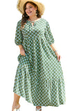 Green Geometric Floral Print Half Sleeve Plus Size Maxi Dress