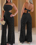 Bandeau Eyelet Embroidery Tied Detail Overalls Casual Cutout Jumpsuit(With Lining)