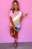 Pink Color Block Patchwork Seamed Crewneck T Shirt