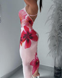 Floral Print Halter Criss Cross Backless Dress Sexy Slim Fit Bodycon Fishtail Dress