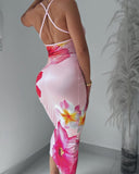Floral Print Halter Criss Cross Backless Dress Sexy Slim Fit Bodycon Fishtail Dress