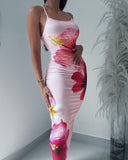 Floral Print Halter Criss Cross Backless Dress Sexy Slim Fit Bodycon Fishtail Dress