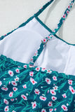 Blue Floral Print Smocked Cute Bikini Set