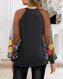 Floral Embroidery Round Neck Lantern Sleeve Blouse Sexy Sheer Mesh Patch Ruched Top