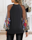 Floral Embroidery Round Neck Lantern Sleeve Blouse Sexy Sheer Mesh Patch Ruched Top