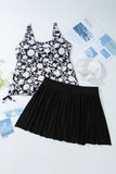 Black Plus Size Printed Square Neck Drawstring Ruffled Tankini Set