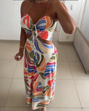 Colorblock Plants Print Bandeau Lace Up Maxi Dress Casual Hollow Out Sleeveless Vacation Dress