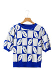 Dark Blue Rugby Plaid Color Block Puff Short Sleeve Sweater