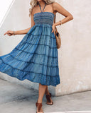 Two Way Wear Versatile High Waist Denim Midi Skirt with Pearl Embellishments Off the Shoulder Long Dress