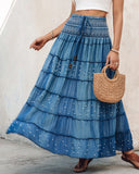 Two Way Wear Versatile High Waist Denim Midi Skirt with Pearl Embellishments Off the Shoulder Long Dress