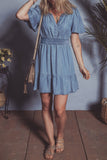 Ashleigh Blue Ruffled V Neck Smocked High Waist Denim Mini Dress