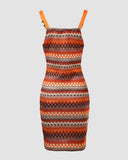 Chevron Pattern V Neck Chain Decor Pocket Design Mini Dress