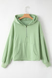 Smoke Green Fleece Lined Half Zipper Kangaroo Pockets Loose Hoodie