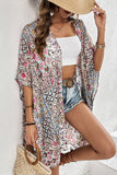 Apricot Floral Print Short Wide Sleeve Open Front Loose Kimono