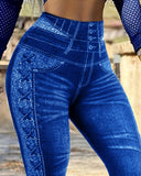 Side Floral Print Fake Denim High Waist Workout Leggings Butt Lifting Tights Trousers