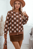 Coffee Floral Print Ribbed Trim Buttoned Cardigan