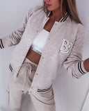 Latter Pattern Striped Snap Button Baseball Coat