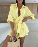 Turn down Collar Half Sleeve Tied Detail Romper