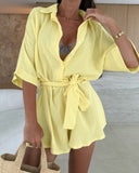 Turn down Collar Half Sleeve Tied Detail Romper