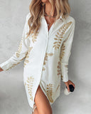 Leaf Embroidery Long Sleeve Shirt Dress