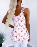 Floral Print Lace Trim Strap Sleeveless Top Casual Slim Fit Summer Tank
