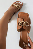 Chestnut Metal Chain Decor Square Toe Faux Leather Slippers